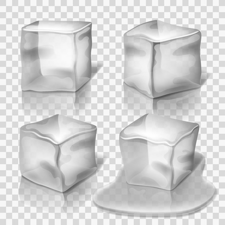 Transparent colorless ice cubes vector set. Block solid cold illustration and cube crystal freezeのイラスト素材