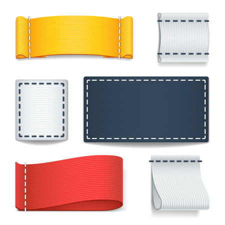 Realistic color blank fabric labels, badges with stitching vector set. Label fabric with stitch, illustration tag fabric for clothesのイラスト素材