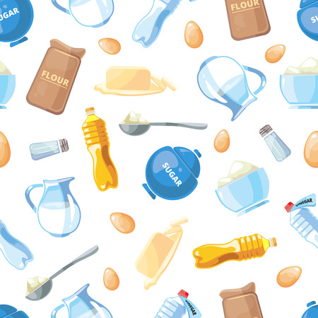 Cartoon baking ingredients seamless pattern. Component for baking, milk and sunflower oil. Background with ingredients to baking illustrationのイラスト素材