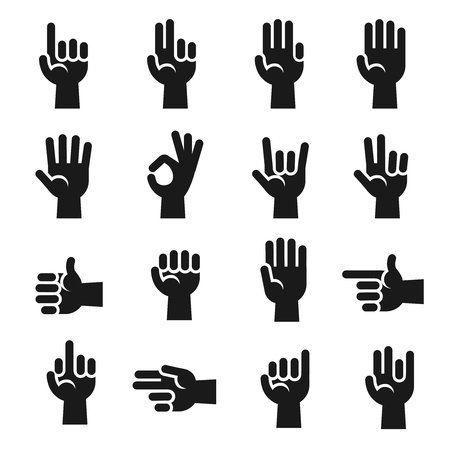 Hands icons set finger counting, stop gesture, devil horns, okay, v sign vector set. Human hand and communication gesture with hand illustrationのイラスト素材
