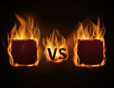 Versus screen with fire frames and vs letters. Flaming VS screen for duel and confrontation. Vector illustrationのイラスト素材