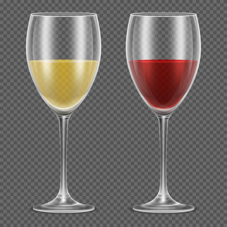 Realistic vector wineglasses with red and white wine on checkered background. Wine in glass vector illustrationのイラスト素材