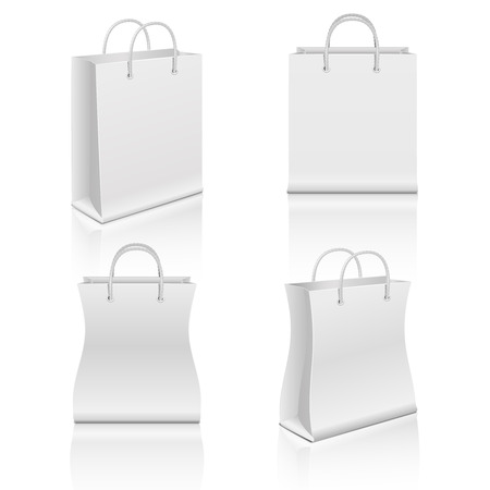 White realistic blank paper shopping bags vector set. Paper bag for shopping, illustration bag for merchandiseのイラスト素材