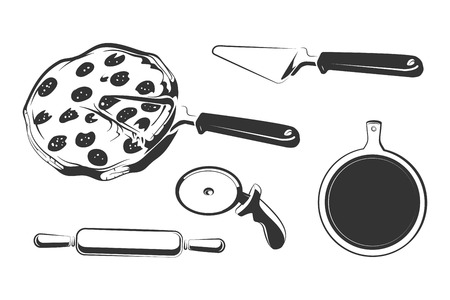 Vector elements for vintage pizza vector labels, logos, badges, emblems. Pizza for logo restaurant, illustration vintage italian pizzaのイラスト素材