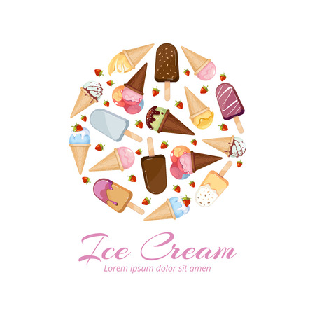 Ice cream vector icons logos set in circle design. Set of ice cream in round. Ice cream in cone waffle with strawberry illustrationのイラスト素材