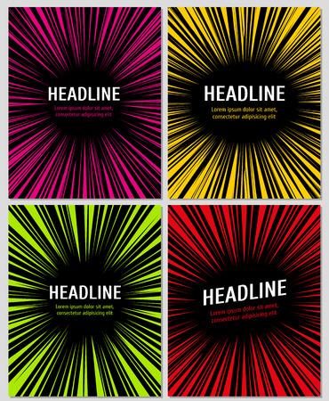 Radial manga graphic speed frames superhero action explosion set. Vector layout for comic books. Poster with radial pattern and abstract retro radial backdrop on page illustrationのイラスト素材