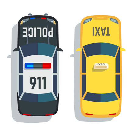 Police and taxi cars top view vector set. Car for taxi and police, illustration transport taxi and auto police view topのイラスト素材