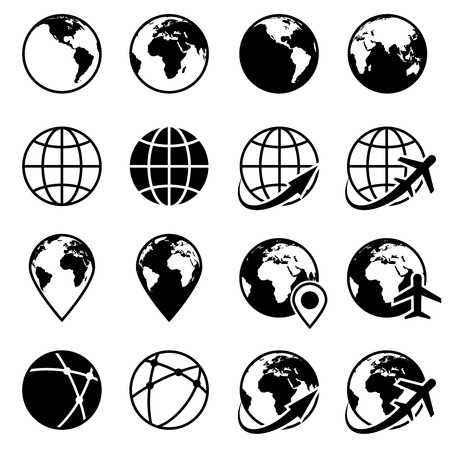 Vector black earth globe icons. Planet globe monochrome and world globe of set illustrationのイラスト素材