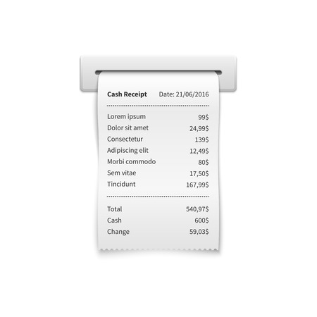 Sales printed receipt, shopping paper bill atm vector mockup. Paper check and financial check isolatedのイラスト素材