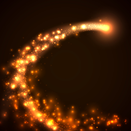 Gold falling star with glittering star dust trail and sparkling particles. Meteor comet asteroid vector background illustrationのイラスト素材