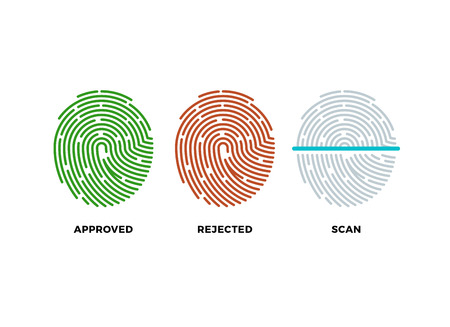 Fingerprint thumbprint vector icons set. Approved, rejected and scan symbols. Approved person with fingerprint, identification with thumbprint or fingerprintのイラスト素材