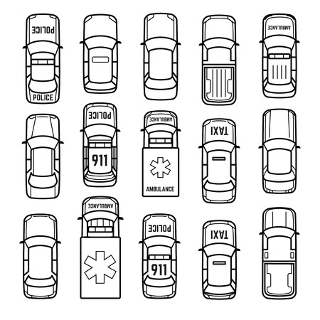 Cars top view thin line icons. Set of model car sedan, taxi and ambulance car in linear style illustrationのイラスト素材