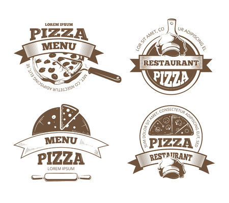 Retro pizzeria labels,  badges, emblems with pizza icons. Pizzeria restaurant and vintage emblem for pizzeria illustrationのイラスト素材