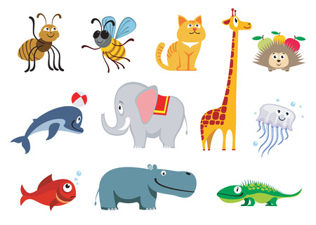 Zoo animals set. Wild isolated animal elephant and giraffe, illustration animals character hippo and dolphinのイラスト素材