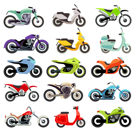 Classic motorcycle motorbike flat icons. Set of speed motorcycle, illustration set of motorbike for transportationのイラスト素材