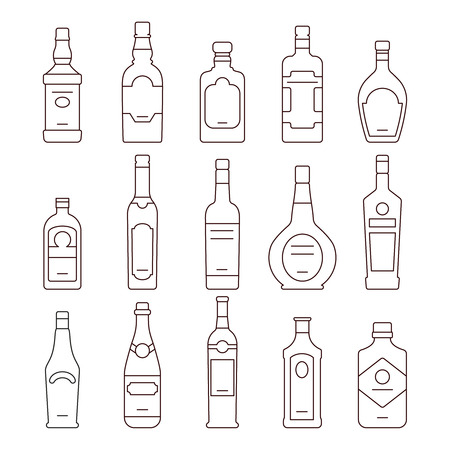 Alcohol drink bottles. Types of alcohol outline bottles, set of icons bottles vector illustrationのイラスト素材