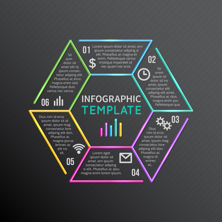 Line infographic vector template icons with 6 options parts, steps, processes. Model of infographic for presentation, illustration of color business infographicのイラスト素材