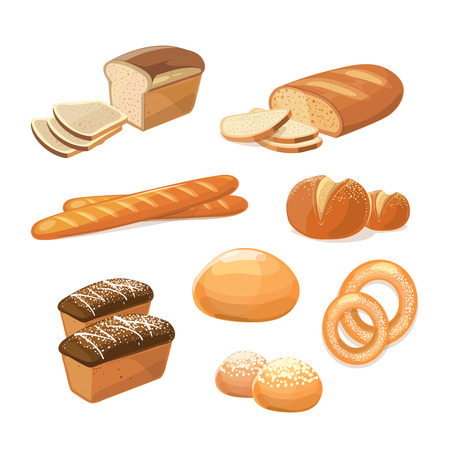 Bakery and pastry products. Various sorts of bread vector icons. Bakery food for breakfast, illustration of bakery bread and baguetteのイラスト素材
