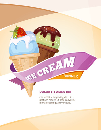 Delicious ice cream vector vintage poster template. Banner with ice cream, illustration card for cafe ice creamのイラスト素材