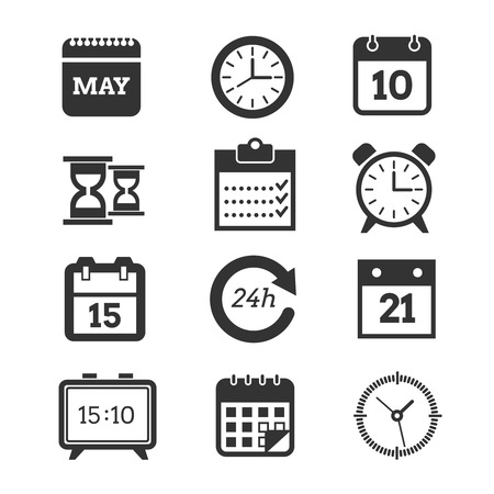 Time and schedule vector icons. Set of clocks and calendars, illustration of pictogram calendar and clock for businessのイラスト素材