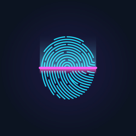 Fingerprint electronic scanning, identification system vector illustration. Sensor scanning fingerprint and human pattern fingerprint for securityのイラスト素材