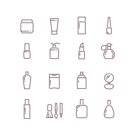 Cosmetic package bottles thin outline vector icons. Set of cosmetic product in linear style and illustration of collection cosmetics for care femaleのイラスト素材
