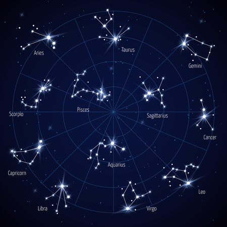 Vector sky star map with constellations stars. Set of constellation in space night illustrationのイラスト素材