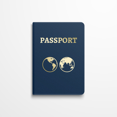 Passport with gold globe earth emblem on cover. Passport document for identification, isolated passport with sign earth. illustrationのイラスト素材