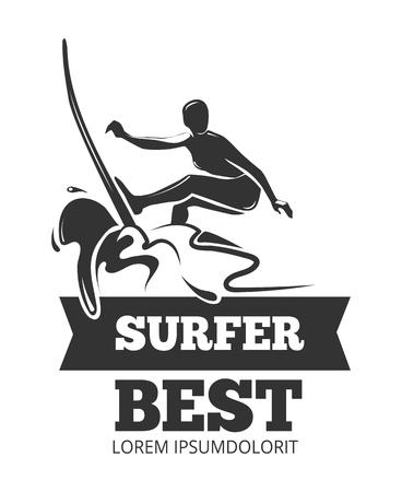 Surfing logo with surfer over the board. Symbol extreme in sea water, vector illustrationのイラスト素材