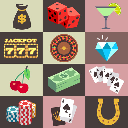 Gambling casino, win money jackpot vector. Set of icon for gambling game, illustration of dice and chip for casino gameのイラスト素材