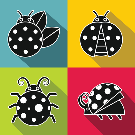 Black ladybug with white stroke on color background. Set of insects in monochrome style. Vector illustrationのイラスト素材