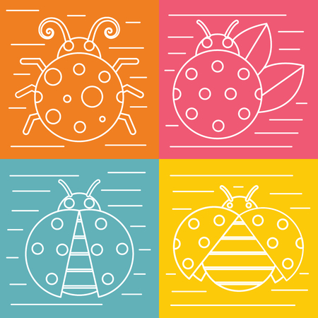 White ladybug with white stroke isolated on color background. Insect in linear style. Vector illustrationのイラスト素材