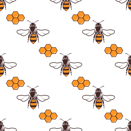 Bees, honey vector seamless pattern in brown and orange. Honeycomb natural background illustrationのイラスト素材