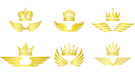 Golden crown with wings vector emblem setのイラスト素材
