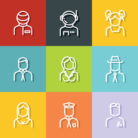People avatars, characters staff, professions in line style on color background. Vector illustrationのイラスト素材