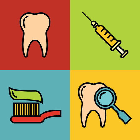 Dentistry medical cartoon icons on color background. Colored dental elements. Vector illustrationのイラスト素材