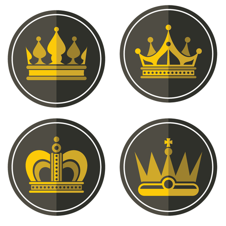 Yellow crown icons on color background. Labels of golden crowns in circle. Vector illustrationのイラスト素材
