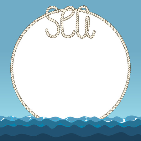 Sea waves and marine ropes frame. Vintage nautical and blue wave, vector illustrationのイラスト素材