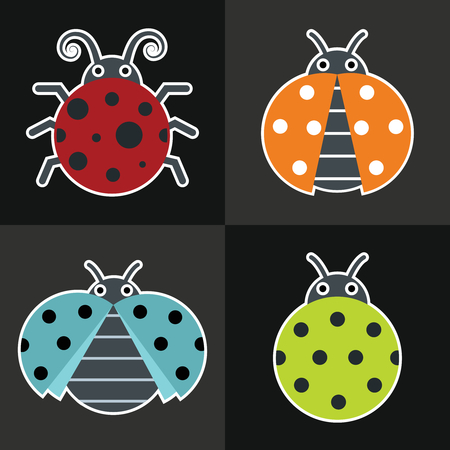 Ladybug icons on black background. Ladybug with color wings. Vector illustrationのイラスト素材