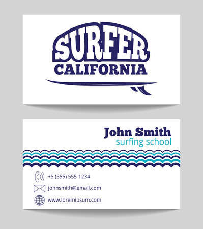 Surf instructor business card both sides template. Surfing school vector illustrationのイラスト素材