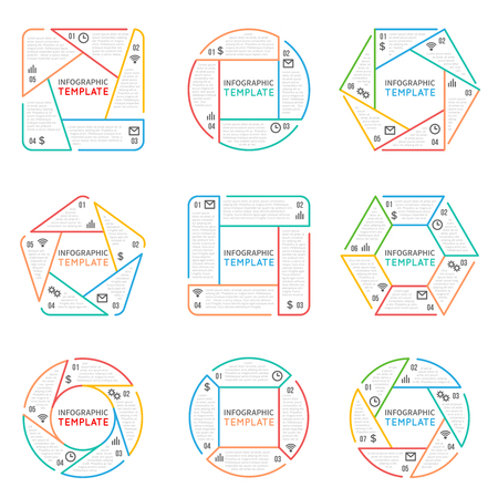 Thin line infographics vector elements for business presentation with options parts steps and processes. Illustration charts in form hexagon, pentagon and squareのイラスト素材