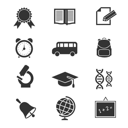 School and education vector icons. Blackboard and globe, cap and bell illustrationのイラスト素材