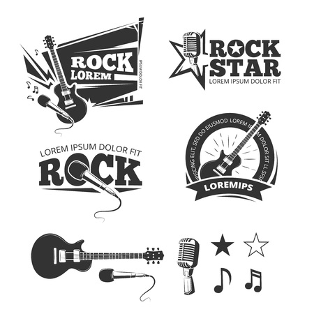 Rock music shop, recording studio, karaoke club vector labels, badges, emblems with musical instrument. Guitar and microphone illustrationのイラスト素材