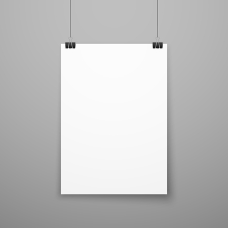 Realistic blank white paper poster hanging on wall vector mockup. Template page of banner for exhibition illustrationのイラスト素材
