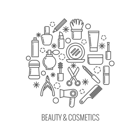 Beauty and cosmetics thin outline vector icons in circle design for female, accessories for care illustrationのイラスト素材