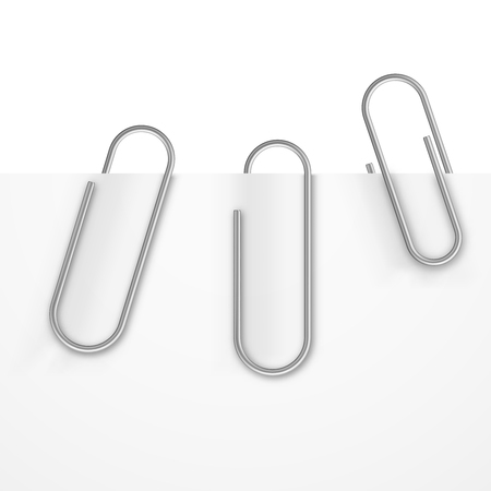 Realistic paper clips vector set. Metal paperclip with sheet, office tool for attaching illustrationのイラスト素材