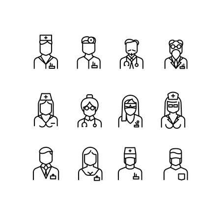 Doctor icons, nurse symbols, medical professionals vector avatars. Surgeon with stethoscope, woman physician illustrationのイラスト素材
