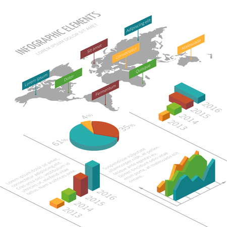 Vector infographic template with 3D isometric elements, world map and charts for business presentations. Report with growth diagram and graphic illustrationのイラスト素材