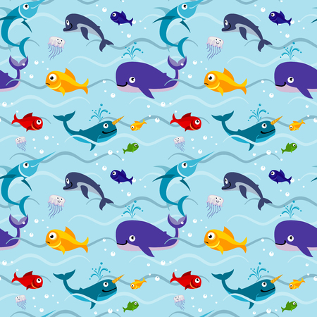 Funny kids fish in water seamless vector background. Underwater colored pattern with whale illustrationのイラスト素材