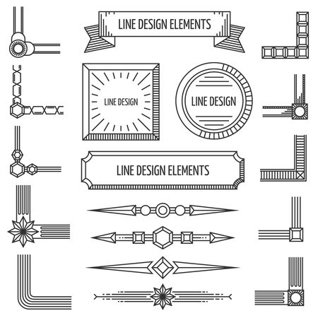 Retro vector linear outline design elements corners badges borders geometric shapes. Minimal line vintage hipster frames illustrationのイラスト素材
